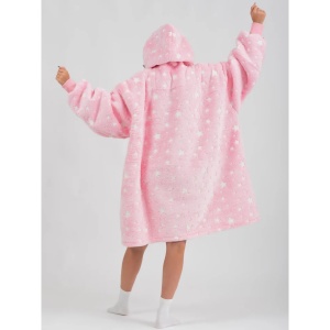 Patura cu maneci, tip hanorac lung, pentru copii/adulti, cu stelute FLUORESCENTE, din fleece captusit cu blana, cu buzunare, mansete si gluga, roz - Img 2