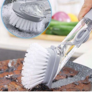 Perie multifunctionala pentru spalat vase, maner lung cu rezervor pentru detergent, cu 2 capete de rezerva, 1 perie si 1 burete, 24 cm, gri - Img 2