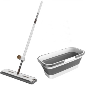 Set mop rotativ cu lighean pliabil, cu laveta din microfibra, storcator atasat, usor de depozitat si curatat, alb - Img 1