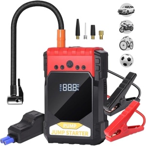 Starter auto 4 in 1, Power Bank, booster baterie auto, compresor de aer, Power Bank cu afisaj digital, lumina de urgenta, negru/rosu - Img 1