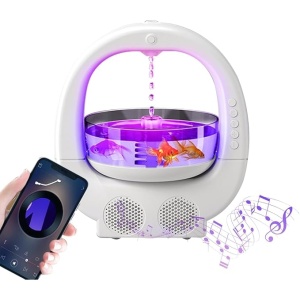 Umidificator multifunctional, cu bol pentru pesti, picatura de apa, boxa bluetooth, 6 culori RGB, capacitate 700 ml, dimensiuni 23 x 25.6 x 16.2 cm, din ABS, alb - Img 1
