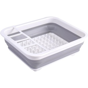 Uscator pliabil pentru vase si tacamuri, din silicon, cu 4 compartimente pentru tacamuri, dimensiuni 38 X 29.3 X 4.7 cm, gri/alb - Img 1