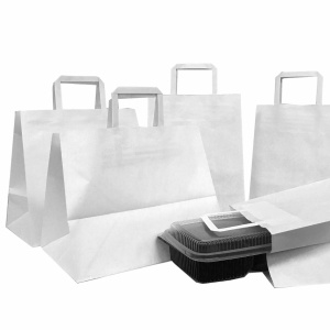 Punga hartie alba, delivery, cu maner plat, take away, 3 dimensiuni - 26x17x29cm - 250 buc.