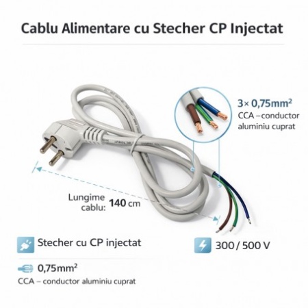 Cablu Alimentare cu Stecher Schuko 3x0.75mm² 300/500V Lungime 1.4m Alb - Img 3