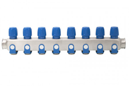 Distribuitor inox 8 cai cu robineti albastru 1"x 3/4"