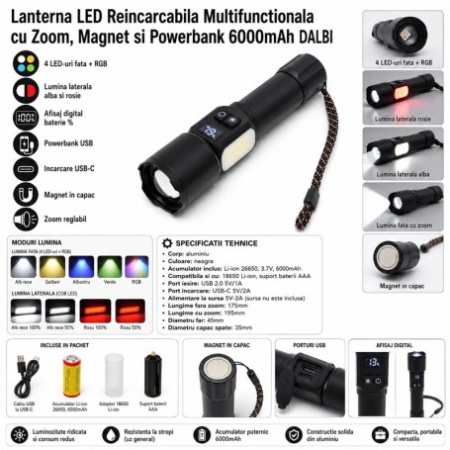 Lanterna LED Reincarcabila 4 LED-uri 6000mAh cu Powerbank, Magnet si Zoom - Img 2