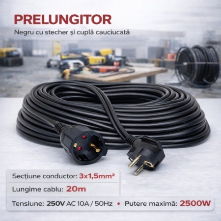 Prelungitor negru 3x1,5mm², lungime 20m, cu stecher si cupla cauciucata, 250V AC 10A, 2500W - Img 3