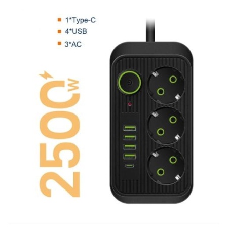 Prelungitor ,priza multipla, 5 m, 3xUSB, Type-C, negru/verde - Img 2