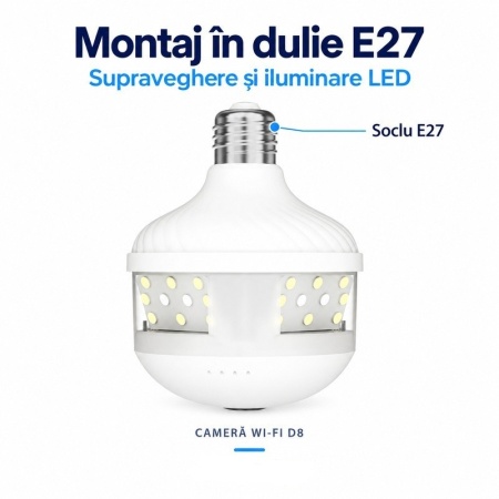 Camera de Supraveghere Wi-Fi Tip Bec E27, Panoramica 360°, cu Iluminare LED D8 - Img 6