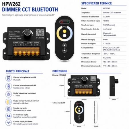 Controler Banda LED CCT 220V 1000W Bluetooth cu Telecomanda RF si Reglaj Manual HPW262 - Img 2