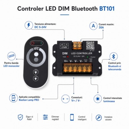 Controler LED DIM 5-24V 30A Bluetooth pentru Banda LED Monocolor BT101 - Img 5