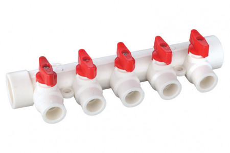 Distribuitor PPR cu robineti sferici, 20mm, rosu, 5 cai