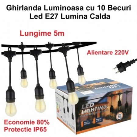 Ghirlanda Luminoasa 10 metri cu 20 Becuri Led E27 Lumina Calda, Alimentare 220V - Img 3