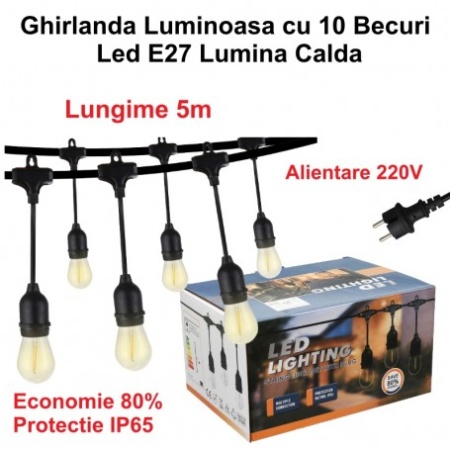 Ghirlanda Luminoasa 5 metri cu 10 Becuri Led E27 Lumina Calda, Alimentare 220V - Img 3
