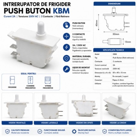 Intrerupator Usa Frigider Push Buton KBM 2A 250V AC fara Retinere - Img 2