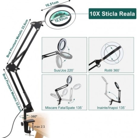 Lupa10X din sticla cu cleste de prindere si lumina in 3 culori reglabila - Img 4