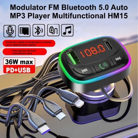 Modulator FM auto cu Bluetooth 5.0 / MP3 player si incarcator USB-C cu 3 porturi - Img 3