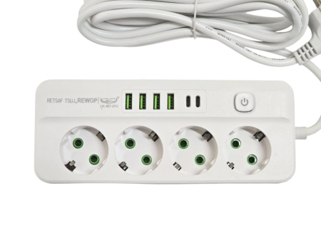 Prelungitor 3 metri cu 4 prize, 4 porturi USB + 2 port Type-C, 2500W si intrerupator de protectie, alb - Img 3