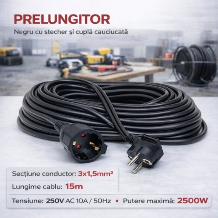 Prelungitor negru 3x1,5mm², lungime 15m, cu stecher si cupla cauciucata, 250V AC 10A, 2500W - Img 3