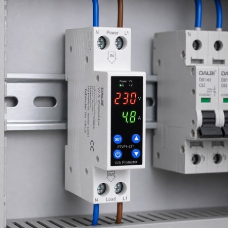 Releu Protectie Tensiune si Curent Reglabil 63A pe Sina DIN - Img 3