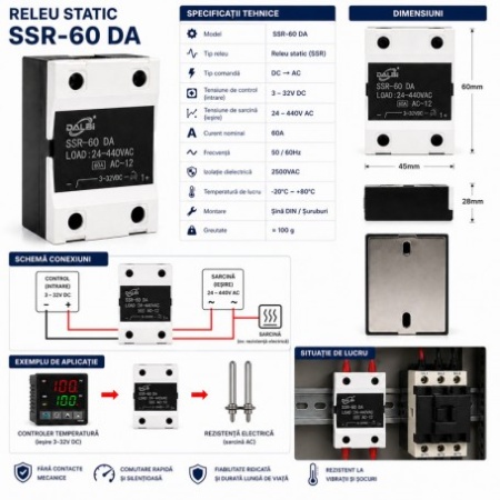 Releu Static SSR-60 DA 60A 24-440V AC Control 3-32V DC - Img 2