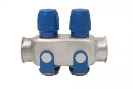 Distribuitor inox 2 cai cu robineti albastru 1"x 3/4"
