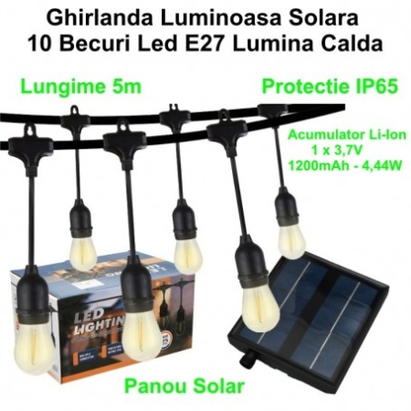 Ghirlanda Luminoasa cu Incarcare Solara, 5 metri cu 10 Becuri Led E27 Lumina Calda - Img 3
