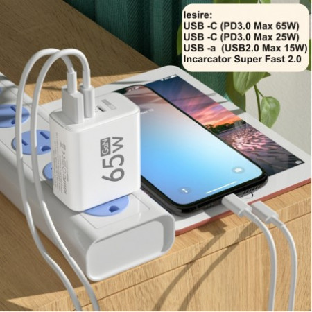 Incarcator rapid 65W PD triplu, 2 x Tip C + Usb 2.0 - Img 2
