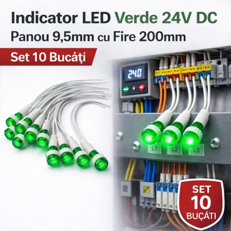 Indicator LED 24V DC de panou rosu sau verde, 9,5mm cu fire 20cm - set 10 bucati - Img 2