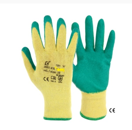 Manusi de protectie din fibre mixte, impregnate partial In latex, manseta elastica, textura ridata pentru o priza mai buna.
