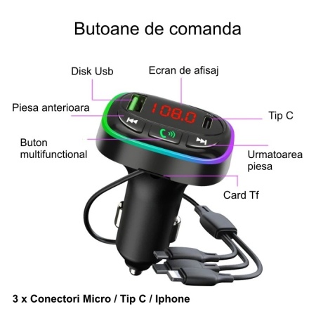 Modulator FM auto cu Bluetooth 5.0 / MP3 player si incarcator USB-C cu 3 porturi - Img 4
