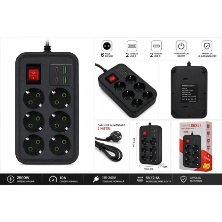 Prelungitor K86 cu 6 prize Schuko, 2 USB + 2 USB-C, intrerupător ON/OFF, 2500W, negru, 2 metri - Img 2