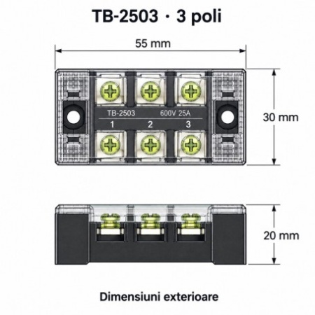 Regleta Electrica cu Contacte din Alama Nichelata, 3 Poli, 25A 600V, cu Capac, TB-2503 - Img 4