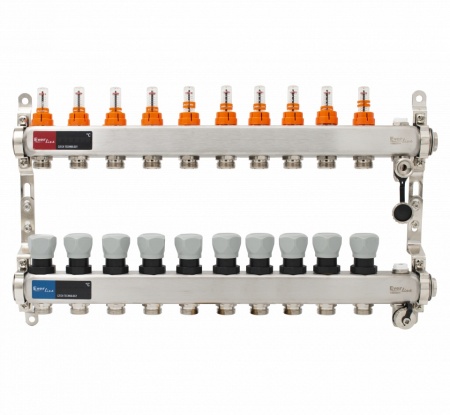Set distribuitor inox cu debitmetre, aerisitor manual si robineti de golire 1"- 10 cai