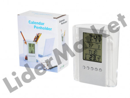 Suport de birou pentru pixuri cu ceas alarma termometru si calendar