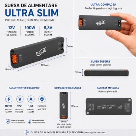 Sursa Alimentare LED 12V 100W 8.3A Ultra Slim 13mm - Img 2