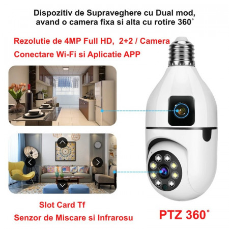 Camera de supraveghere cu IP Dual View PTZ 360 grade si fixa, E27 - Img 2