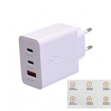Incarcator rapid 65W PD triplu, 2 x Tip C + Usb 2.0 - Img 3