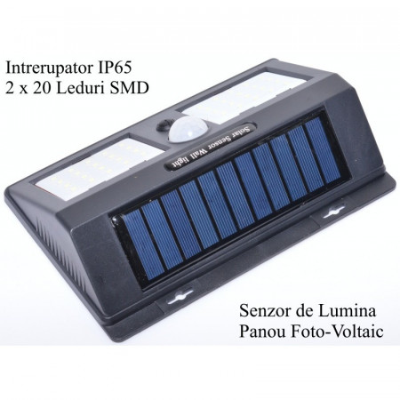 Lampa de Perete 40 LED + Incarcare Solara - Img 3