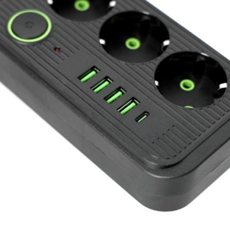 Prelungitor 3 metri cu 3 prize, 4 porturi USB + 1 port Type-C, 2500W si intrerupator pentru protectie - Img 2