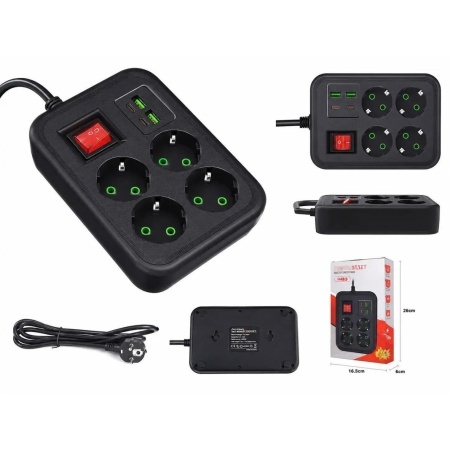 Prelungitor K83 cu USB și USB-C, 4 prize Schuko, 2x USB + 2x USB-C, intrerupator, 2500W, negru, 2 metri - Img 2