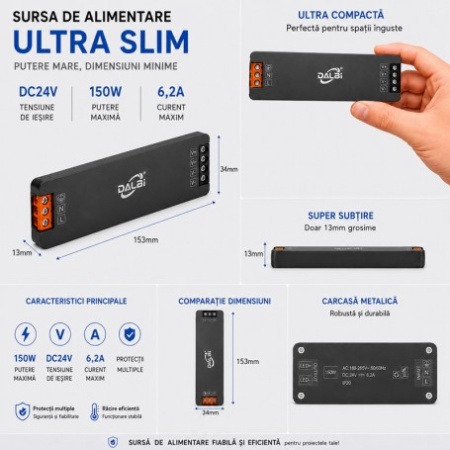 Sursa Alimentare LED 24V 150W 6,2A Ultra Slim 13mm - Img 4