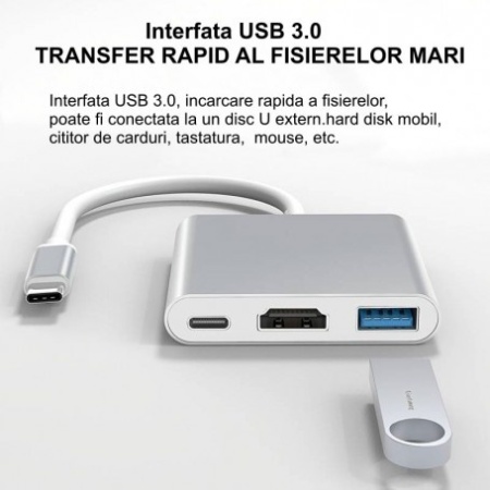 Adaptor 3 in 1 Video Usb Tip-C la HDMI 4K - Usb 3.0- Usb Tip-C - Img 2