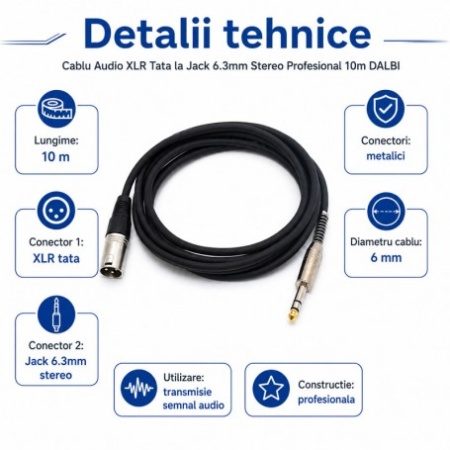 Cablu Audio XLR Tata la Jack 6.3mm Stereo Profesional 3m, 10m, 15m - Img 3