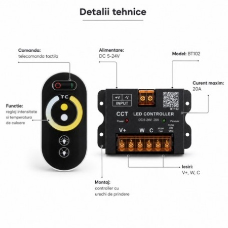 Controler LED CCT 5-24V 20A Bluetooth pentru Banda LED Alb Cald Rece BT102 - Img 2