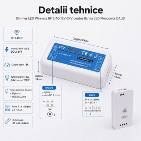 Dimmer LED Wireless RF 2.4G 12V-24V pentru Banda LED Monocolor - Img 4