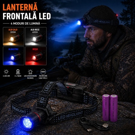Lanterna Frontala LED 4 Culori Alb Cald Alb Rece Albastru Rosu Acumulator 18650 USB-C Zoom - Img 4