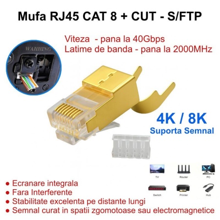 Mufa RJ45 S/FTP CAT 8+ CUT Auriu cu Ecranare Metalica - 50 Buc/Set - Img 3