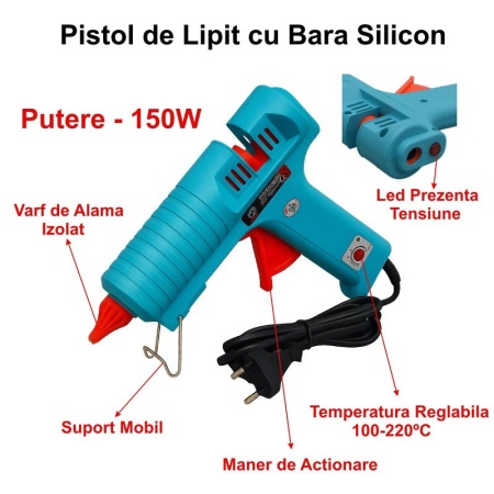 Pistol de Lipit 150W cu Temperatura Reglabila 100-220 Grade cu Bara Silicon 11mm - Img 7