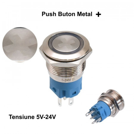 Push buton 5-24V / 19mm cu LED albastru si simbol + - Img 8